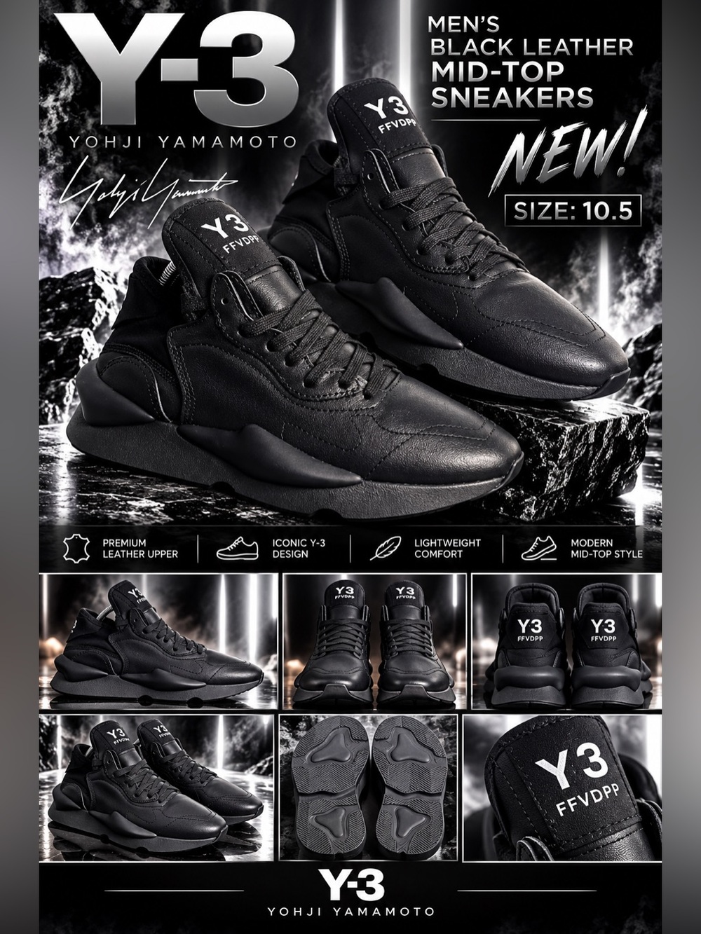 Y-3 Men’s Black Leather Mid-Top Sneakers🔥New! Size: 10.5